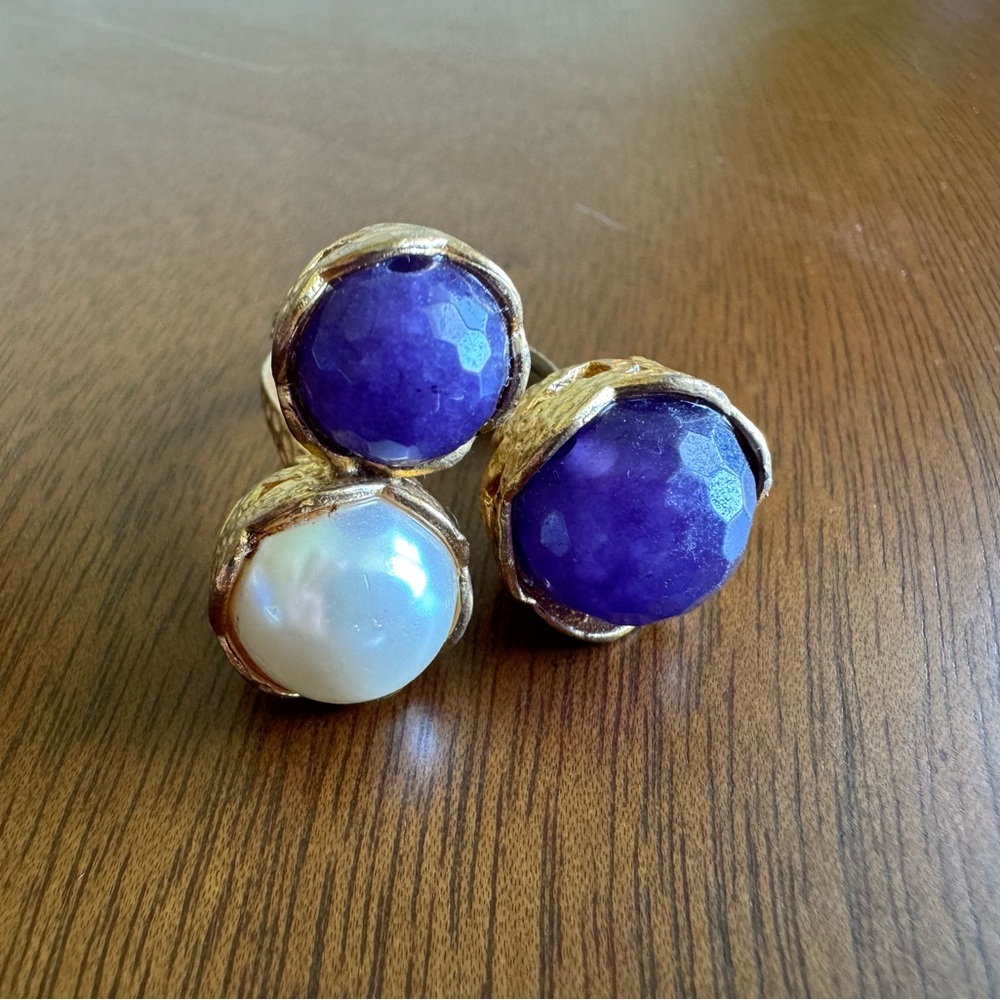 Statement gold cocktail ring with pearl & purple stones, adjustable